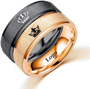 Ihanskio Anillos de pareja Promsie a juego, color negro, con la corona de su rey y su reina, grabados, mate, anillos de compromiso y boda de acero de titanio, Metal (Negro/Oro rosa-6mm)