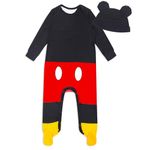 Disney Mickey Mouse Bodysuit and Hat, Footed Jumpsuit, Baby Clothes Sleepwear Set, Black & Red, Size NB