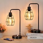 USB Edison Desk Lamp, Industrial Bedside Table Lamps Set of 2 Reading Lamps with Dual USB Ports AC Outlet Vintage Black Metal Wire Cage Nightstand Lamp for Bedroom, Living Room, Dorm, Office