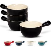 KooK French Onion Soup Crocks, Stackable Ceramic Bowls with Handles, Oven, Microwave and Dishwasher Safe, for Cereal, Soups, Casseroles, with Handle, Stoneware, 24 oz, Set of 4, Black