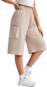 G4Free Bermuda Long Shorts with Pockets for Woman Wide Leg Capri Pants High Waist Stretch Sweatpants Travel Lounge Hiking Pants(Light Khaki,XXL,13")