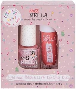 Miss Nella Pink Secret Lips & Tips Duo Scented Lip Gloss + Glitter Nail Polish for Children with Peel-Off, Water-Based and Odour-Free Formula