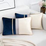 DakTou Cushion Covers Navy Blue Velvet Throw Pillow Covers Modern Luxury Patchwork Gold Leather Striped Decorative Pillowcases for Sofa Couch Bed Chair Square Pillow Cases 30 x 50 cm Set of 2