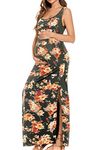 Smallshow Women's Long Maternity Dress Sleeveness Split Ruched Pregnancy Clothes Medium,Floral Orange