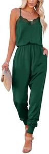 Lacozy Women V Neck Loose Sleeveless Jumpsuits Stretchy Long Pant Romper Jumpsuit Blackish Green Size Large