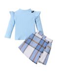 Qiraoxy Baby Girl Clothes Ruffle Ribbed Long Sleeve T-Shirt Top Plaid Skirt Fashion Set 2Pcs Toddler Kids Girl Fall Winter Outfits 1-6 Years