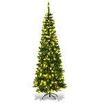 6Ft/1.8m Pre-Lit Artificial Slim Christmas Tree Green Pencil Tree, Pointed Tips, Metal Stand Warm White LEDs Lights Holiday Home Decorations