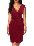 BERYDRESS Women's Cocktail Party Sheath Deep V-Neck Cap Sleeves Draped Solid Cotton Vintage Knee-Length Wrap Dress (L, 6028-Burgundy)