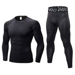 LANBAOSI Men's Gym Running Base Layer Top and Leggings Set Long Sleeve Compression Shirt Tights Thermal Underwear Suit, Black Line, S