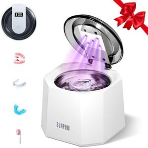 SUNPOW Ultrasonic Retainer Cleaner 48kHz, 220ml Capacity Dental Cleaning Machine Pod with 5 UV Lamps, Dual Modes, Low Noise Sonic Denture Cleaner for Mouthguards, Aligners, Toothbrush Heads