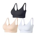 Amazingjoys Wireless Bras for Women Wirefree Seamless Bras No Underwire Comfort Bras with Removable Pads 3 Pack,Black+white+beige,M