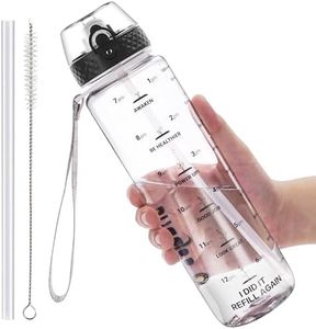 GOPPUS Botella Agua de 1l/32 oz con Pajita Botella de Bebidas Irrompible a Prueba de Fugas con Marcas de Tiempo Botella Deportiva Tritan para Gimnasio Escuela Grande para Adultos Sin BPA