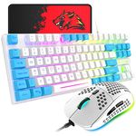 Gaming Keyboard and Mouse Combo,88 Keys Compact Rainbow Backlit Mechanical Feel Keyboard,RGB Backlit 6400 DPI Lightweight Gaming Mouse with Honeycomb Shell for Windows PC Gamers (White&Blue)