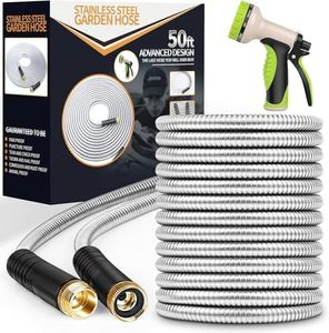 Unywarse 304 Stainless Steel Metal Garden Hose 50ft, Heavy Duty Water Hose with 10 Function Nozzle Flexible, Lightweight, Kink Free & Tangle Free, Pet Proof, Puncture Proof Hose for Yard, Outdoor