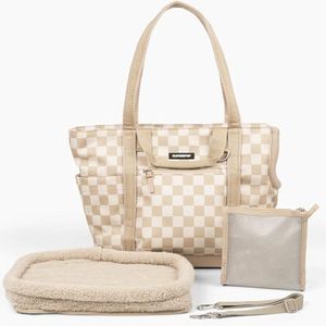 Cleverpup Transit Tote Dog Carrier 4-Piece Set - Premium Lightweight Pet Travel Bag with Plush Teddy Insert, Food Pouch, Air Mesh Opening, Water-Resistant Base & Safety Tether - Medium Checkerboard