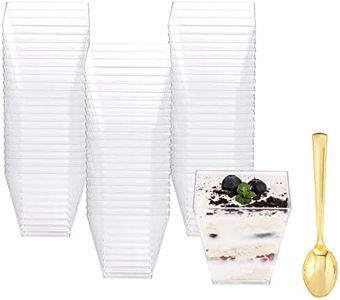 YOUBET 102PCS Clear Plastic Dessert Cups With Gold Plastic Spoons - 8oz Dessert Bowls - 51Disposable Square Plastics Cups & 51Gold Spoons Perfect for Ice Cream, Desserts, Appetizers Weddings Party