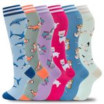 fenglaoda Compression Socks for Women Circulation 20-30mmHg Crazy, Cute, Socks Support for Nurse, Pregnant, Running, Medical, H-6pairs-shark/Fox/Dog1/Llama1/Unicorn/Seagull, S-M