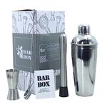 Bar Box 4-Piece Cocktail Shaker Set - Food Grade Stainless Steel Bartender Kit with Drink Mixer, Muddler, Spoon & Jigger- Perfect Kitchen Accessory and Bar Set Drinks at Home