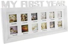 Baby Photo Frame MY FIRST YEAR Birthday Infant Baby Wooden Picture Frame New Born Shower Multi Aperture Hanging Photo Frame with 12 Opening Standing for Baby Birthday Christenings