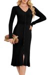 Arach&Cloz Womens V Neck Long Sleeve Black Sweater Dresses Button Down Ribbed Knit Elegant Bodycon Midi Party Dress Fall Winter Clothing Outfits(Black,M)