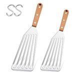 Herogo Fish Spatula, 2 Pieces Stainless Steel Fish Turner with Wooden Handle, Metal Slotted Spatula Turner for Flipping, Frying and Grilling, Attached S-Hooks, Dishwasher Safe (27cm & 31.5cm)