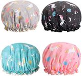 Unicorn Shower Caps, Double Layers Bath Hat for Women to Cover Long and Thick Hair, Reusable Waterproof Bonnet Pack of 4