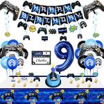 9th Birthday Decorations for Boys-Gaming Party Decorations for Kids-HAPPY BIRTHDAY Gaming Banner Video Game Table Cover Controller Balloon Cake Topper Gaming Hanging Sign Number 9 Candle