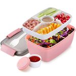 MUJUZE Salad Containers for Lunch, 68oz Lunch Box with 5-Compartment, Salad Lunch Containers with Salad Dressing Container to Go, Large Leak-Proof Salad Bowl Lunch Box with Lid, BPA-Free (Pink)