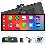 Portable Car Radio 10.26'' Portable Wireless Apple Carplay Screen with Dash Cam Backup Camera, Portable Android Auto FM Transmission Mirror Link GPS Siri Bluetooth ADAS