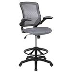 Flash Furniture Mid-Back Mesh Ergonomic Drafting Chair with Adjustable Foot Ring and Flip-Up Arms, Metal Plastic Material Foam Technical Wood, Dark Gray, Set of 1