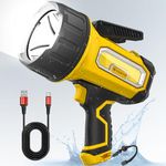 FORTO Rechargeable Spotlight with 2000 LM, 2024 Brightest Handheld Spotlight Flashlight with 120° Foldable Stand, 6 Light Modes IPX7 Waterproof Spotlight for Boating Hunting Camping Hiking(Yellow)