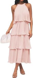 ZESICA Women's 2023 Summer Sleeveless Halter Neck Ruffle Tiered Layed Chiffon Flowy Swing Long Midi Dress, Pink, Large