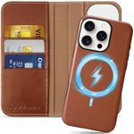 SHIELDON Wallet Case for iPhone 16 Pro, Genuine Leather Detachable Wireless Charging Foldable Magnetic Kickstand RFID Blocking Card Slots Case Compatible with iPhone 16 Pro 6.3" - Retro Brown