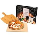 GOURMEO Pizza Stone Kit w/Bamboo Wood Paddle - 38x30cm - Cordierite Pizza Stones for Oven & BBQ - Even Heat Distribution