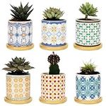 BELLE VOUS 6 Pack of Assorted Ceramic Plant Pots - 7.5cm/3 Inches Succulent Pots with Bamboo Trays & Drainage Holes - Flower Pots for Cactus/Indoor Succulents - Home/Office Decoration