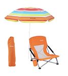 WGOS Beach Chair Low Beach Chair Beach Chairs for Adults Beach Chair with Umbrella Folding Chair Detachable SPF 50+ Umbrella, Armrests, Cup Holder, Portable Sand Chair for Beach (1-Pack Orange)