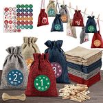 24pcs Christmas Advent Calendar Bags, 24 Days Xmas Countdown Burlap Drawstring Candy Gift Pouch with Advent Numbers Stickers Clips Rope for Home Office Wall Hanging Decoration Party Decor Supplies