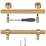 foxwake Natural Wood Kitchen Cabinet Handles 2~5 Inch 4Set Center to Center Adjustable Double Hole Euro Scandi-Modern Dresser Knob, Unfinished DIY Drawer Pull, Brushed Brass Base