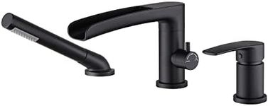 Wowkk Waterfall Roman Tub Faucet Black Deck Mount Bathtub Faucets Brass Tub Filler Bathroom Faucets with Hand Shower