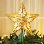 Brizled 9” Christmas Star Tree Topper, Gold Dual-Side 3D Star Treetop, Glittered Tree Topper with 10 Warm White Lights, UL Listed Lighted Xmas Star Tree Topper for Holiday Christmas Tree Decorations