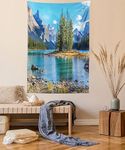 Ambesonne Mountain Tapestry, Scenery of Spirit Island and Maligne Lake Canada in Summer Mountains, Wall Hanging for Bedroom Living Room Dorm Decor, 40" X 60", Blue Green