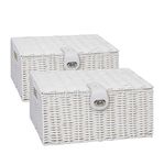 2 x Arpan Resin Woven Storage Hamper Basket Box with Lid & Lock (White - Medium)