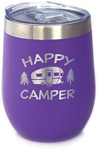 Bevvee Happy Camper Wine Tumbler with Sliding Lid - Stemless Stainless Steel Insulated Cup - Cute Outdoor Camping Mug - Purple