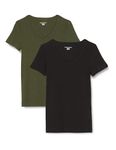 Amazon Essentials Women's Slim-Fit Short-Sleeve V-Neck T-Shirt, Pack of 2, Dark Olive/Black, XXL