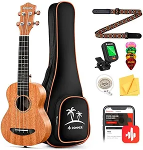 Donner Soprano Ukulele Mahogany 21 inch Ukelele Beginner Kit Online Lesson Gig Bag Strap Nylon String Tuner Picks Cloth DUS-1 Ukalalee Set Christmas Gift