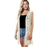 Womens Floral Crochet Lace Boho Trim Sleeveless Open Front Vest Cardigan, Beige-020, One Size