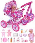 BABESIDE Baby Doll Stroller Set with 12 Inch Baby Doll, 14 Pcs Baby Doll Accessories, Folding Doll Pram Pretend Play Set, Feeding, Bath & Care Toys, Gift for Girls Ages 3yrs+