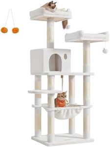 Feandrea Arbre à Chat Hauteur 143 cm, Tour de Jeux pour Chat, avec 11 Poteaux à Griffer, 2 Plateformes, 1 Niche, 1 Hamac, 2 Pompons, en Tissu Peluche, Plusieurs Niveaux, Blanc Crème PCT015W02