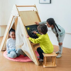 Avenlur Oak Foldable Triangle Climber 5 in 1 Kids Playhouse Hideaway Montessori Learning Play Tent, Desk, Chair Stool, Art Easel, Chalkboard, Teepee Climbing, Crawling Tunnel Toy Toddler Playset