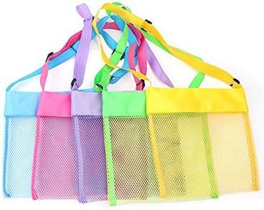 5-PCS Colorful Mesh Beach Bags Sand Away Portable Foldable Sea Shell Bag with Adjustable Carrying Straps/Toy Storage Bag [Yellow, Rose, Purple, Green, Blue] Set of 5 Beach Bags